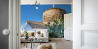 A peaceful island vista mural on decorative wallpaper.

