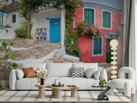 Coastal Cottage Charm: Rustic European town square wallpaper.