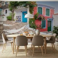 Coastal Cottage Charm Vibrant red and blue house wallpaper.