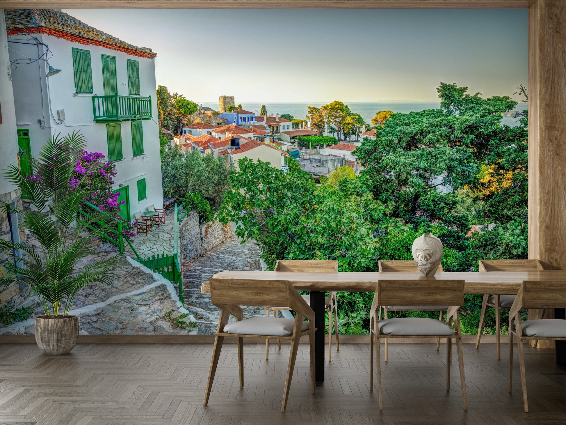 A peaceful island view mural on decorative wallpaper.

