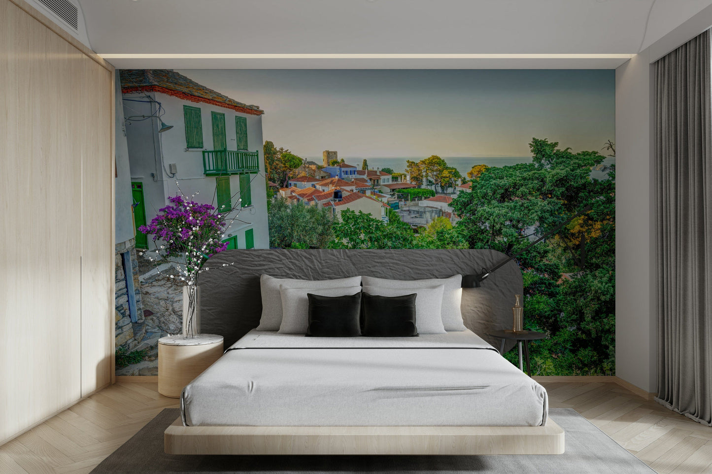 A graceful subtle architecture wall mural in cool, white tones.

