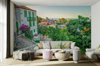 A beautiful Greek isle wallpaper mural with a stone pathway.

