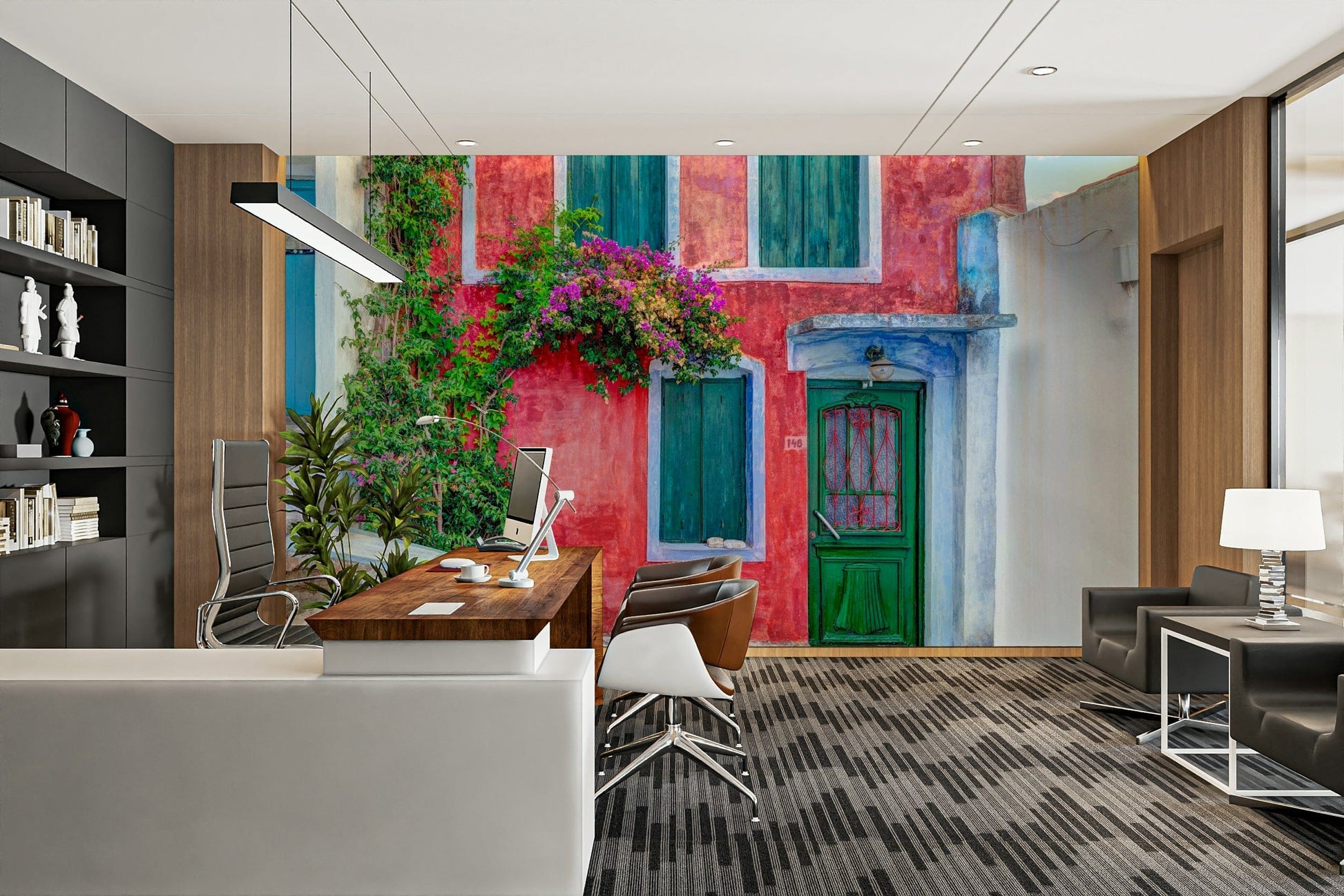 A graceful subtle architecture wall mural in cool, natural tones.

