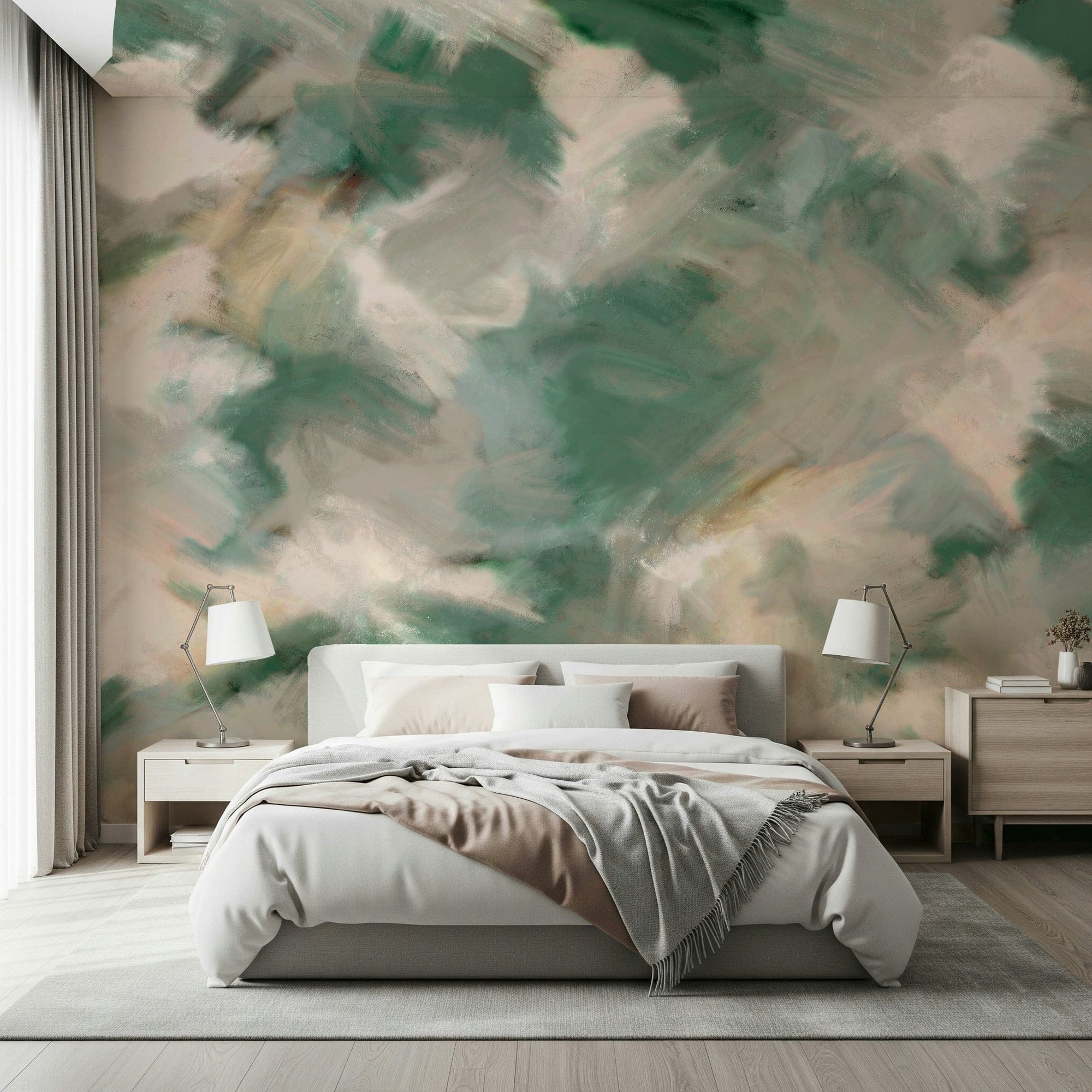 Ethereal Brushstrokes wallpaper mural in green and cream behind an upholstered bed with two wood nightstands and lamps
