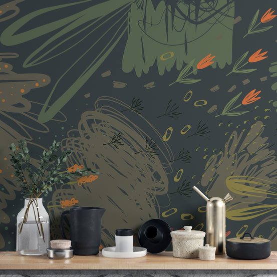Green Abstract Creative Shapes wallpaper mural shown as a full feature wall that highlights the design