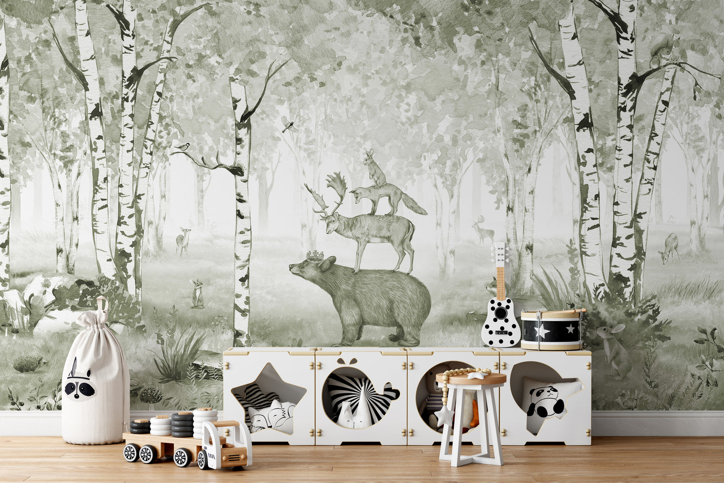 Green bear king mural with woodland creatures and birch trees