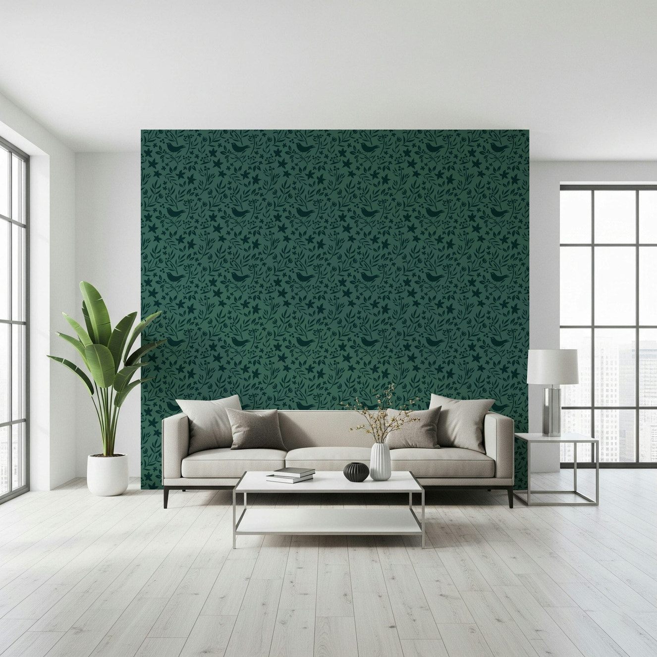 Green Scandinavian wallpaper with dark teal folk bird pattern.