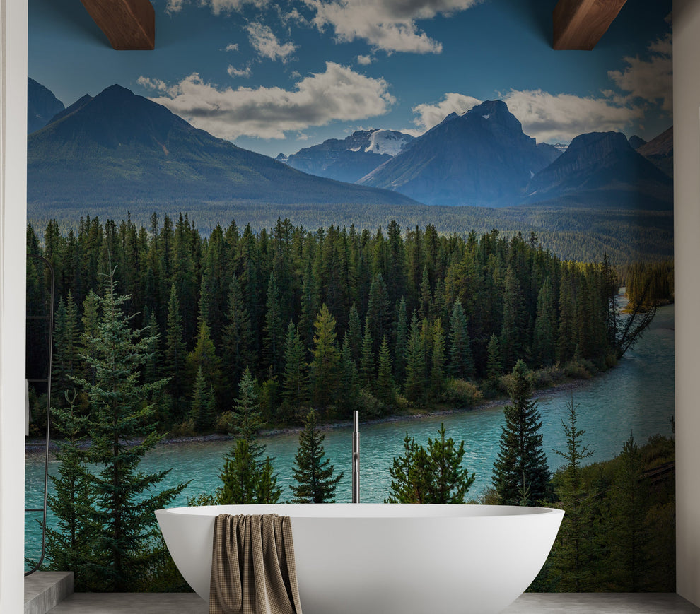 Green Blue Mountain River Wallpaper- Shop Serene Wall Mural