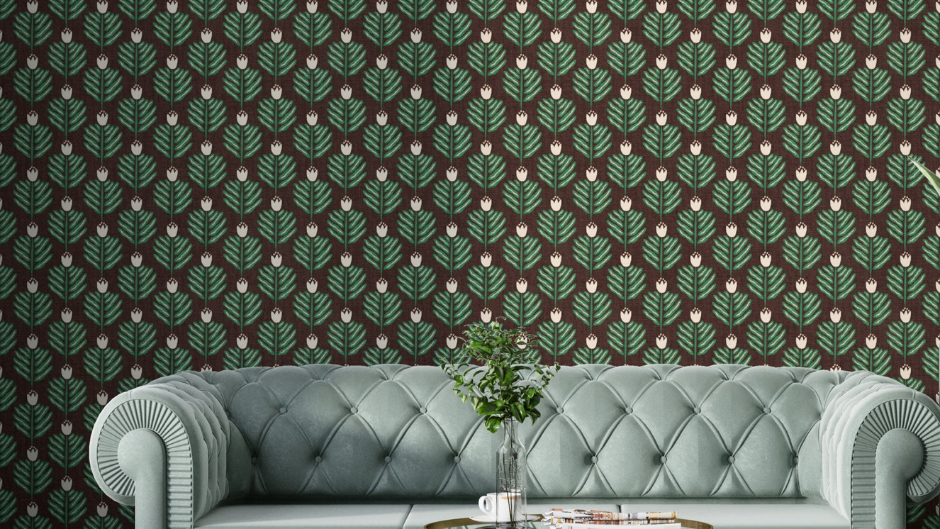 Nature-inspired green chunky plant wallpaper with jungle jewel accents

