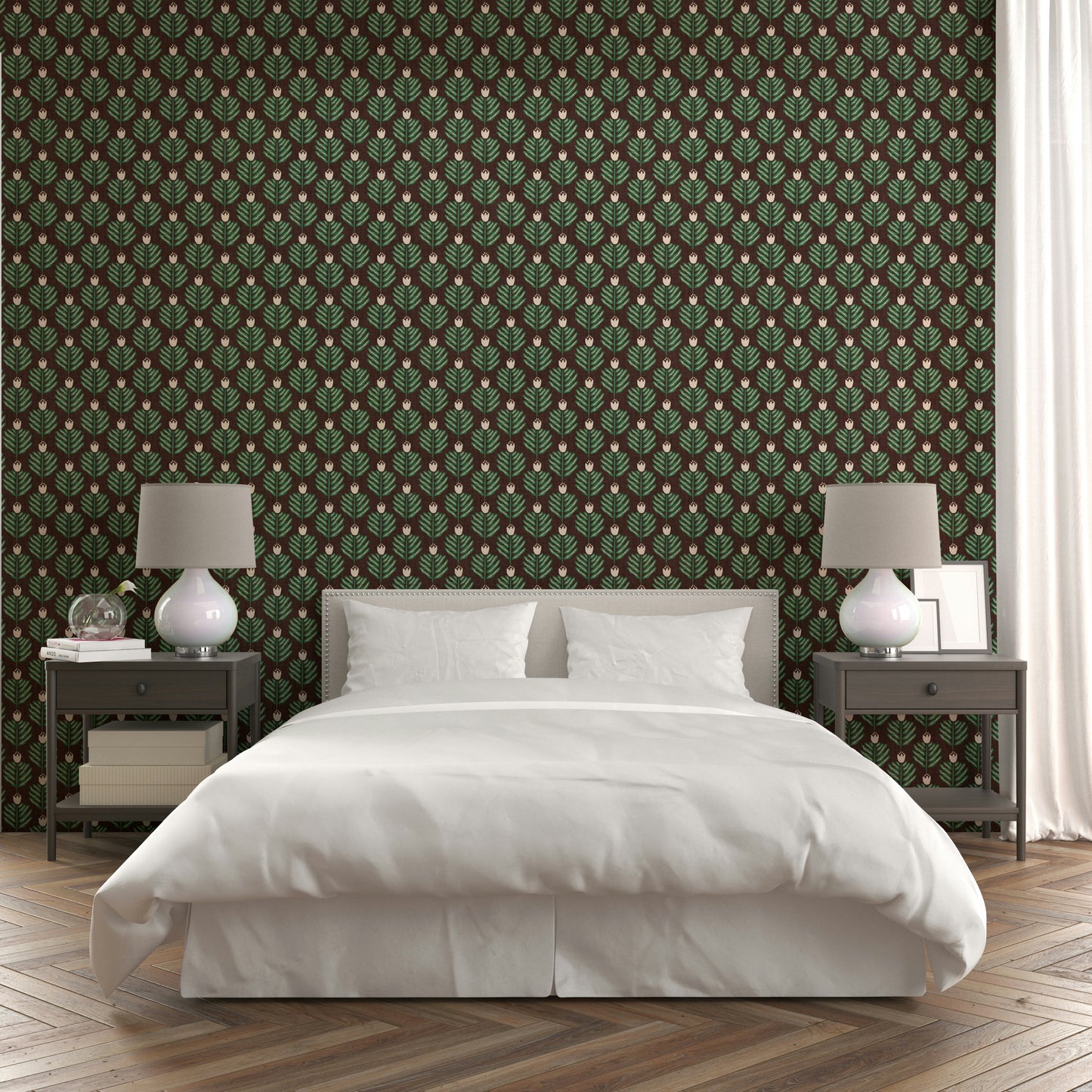 Green chunky plant wallpaper with exotic jungle jewel elements

