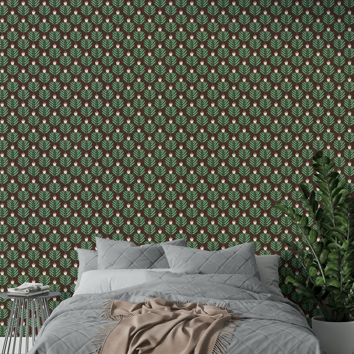 Tropical green chunky plant wallpaper with vibrant jewel highlights

