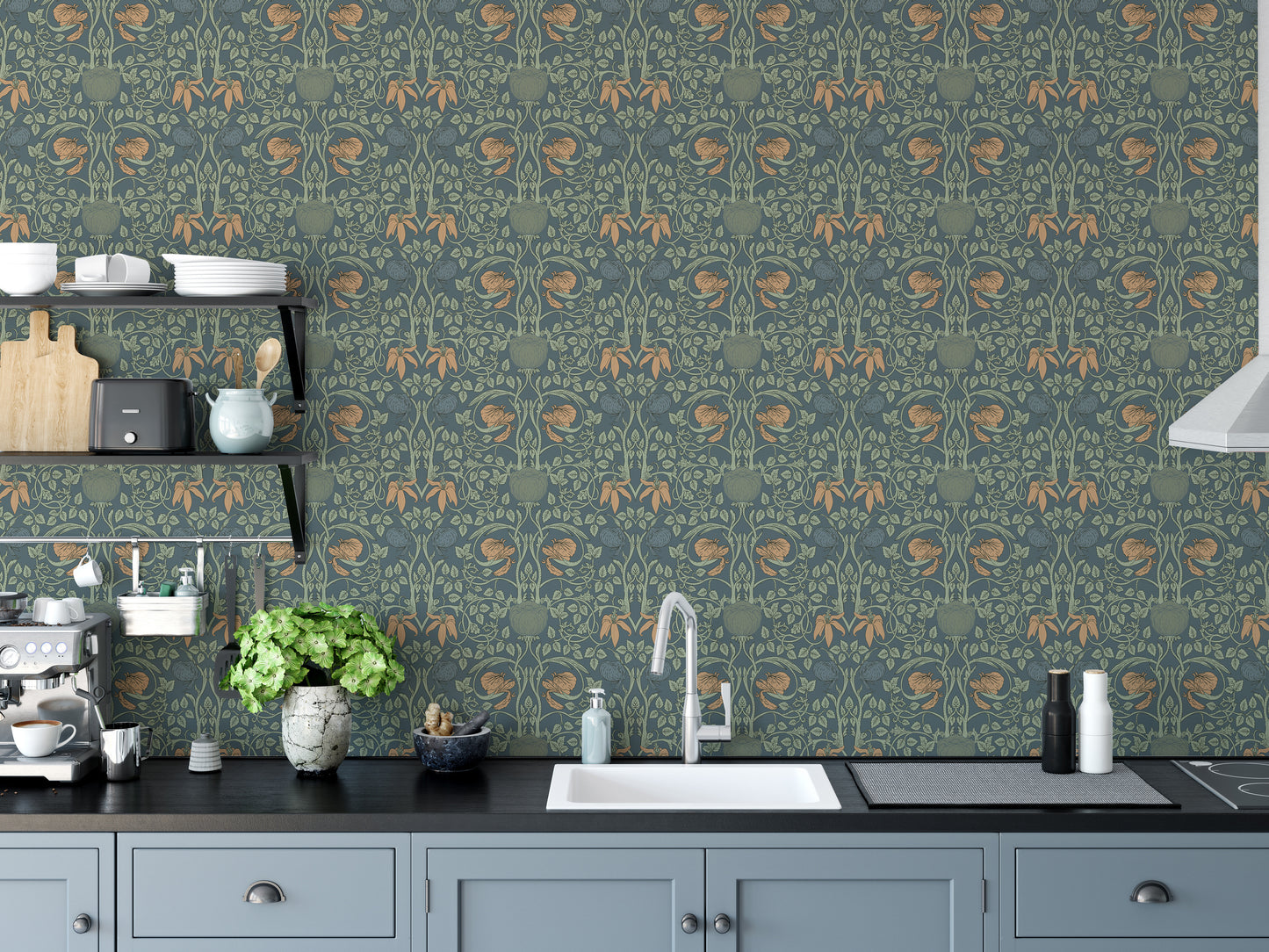 Retro green flowers and leaves wallpaper
