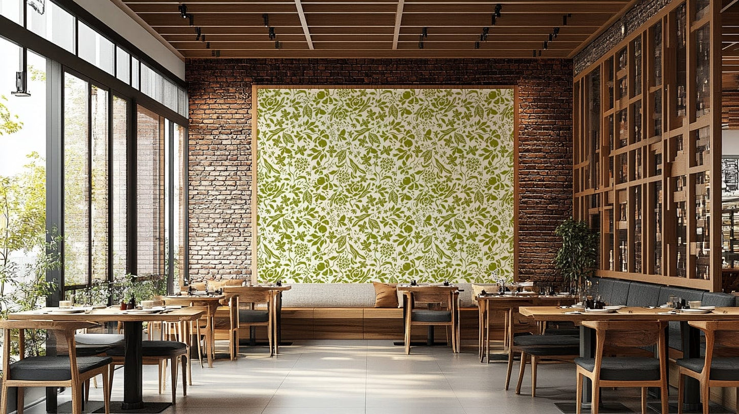 Stylized nature wallpaper in a vibrant olive and white.
