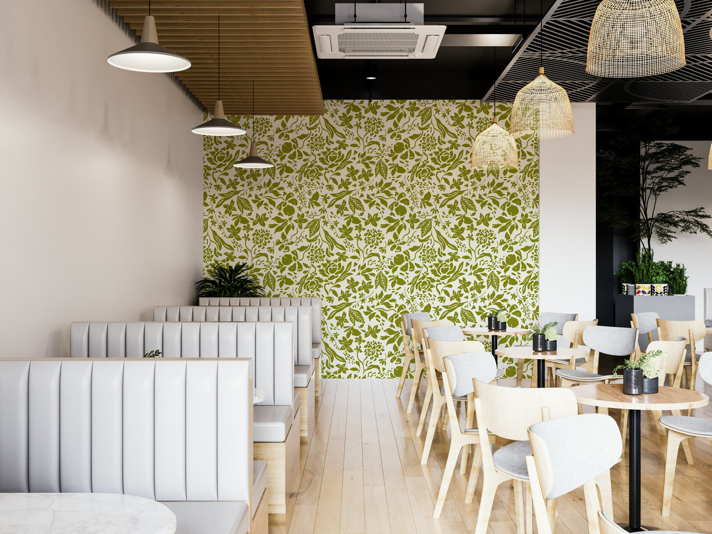 Contemporary herb wallpaper in a mossy green shade.
