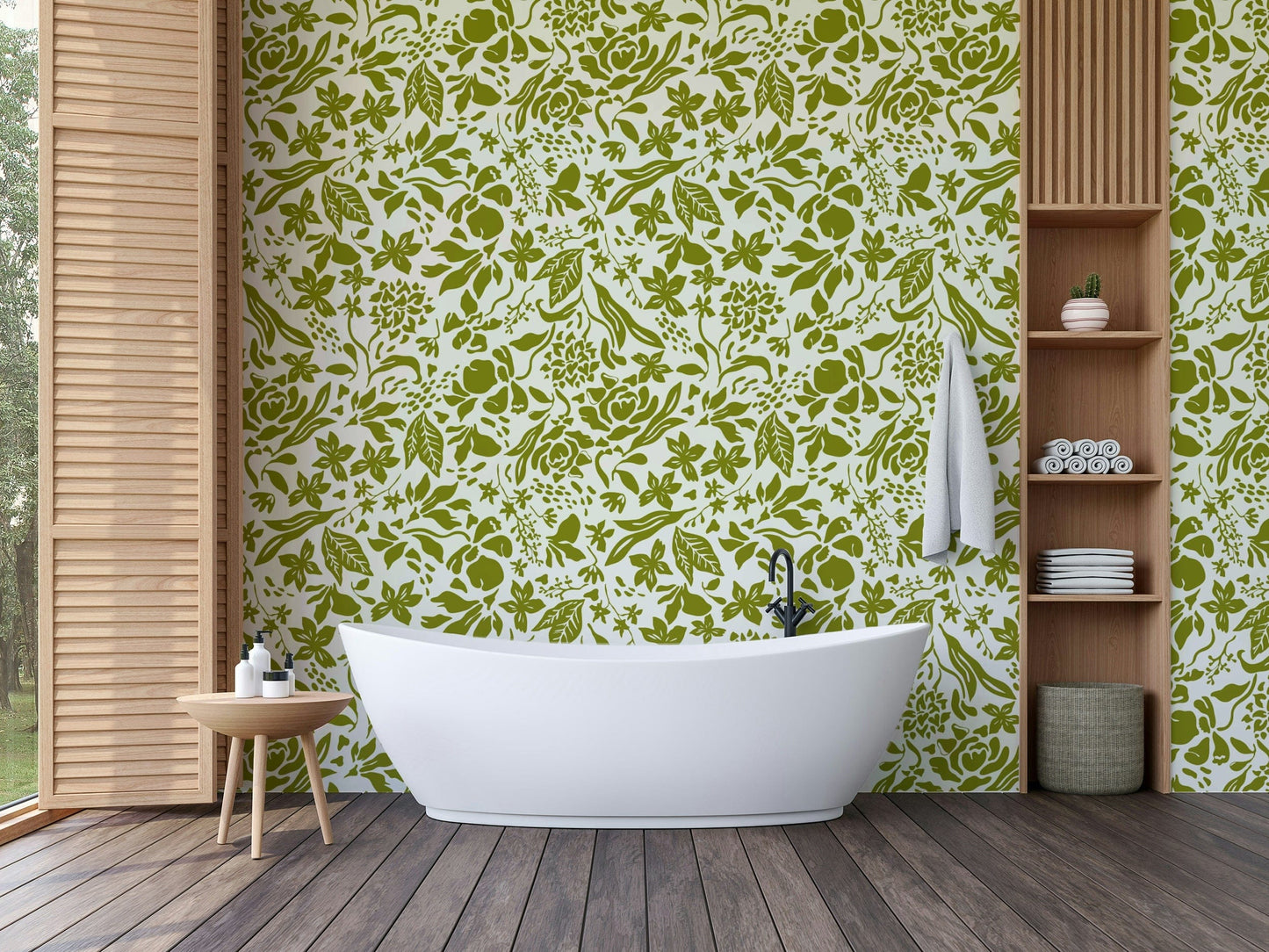 Graphic spring meadow wallpaper with olive leaf shapes.
