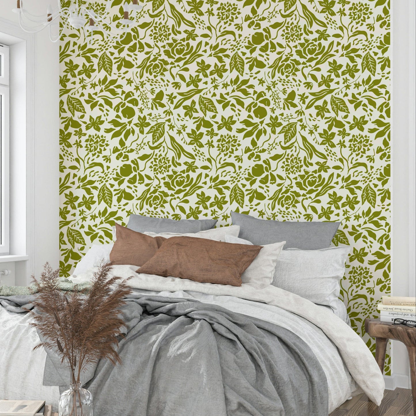 Earthy green bloom wallpaper for cozy bedroom accents.
