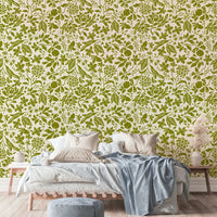 Retro lime flower pattern wallpaper for a bright kitchen.
