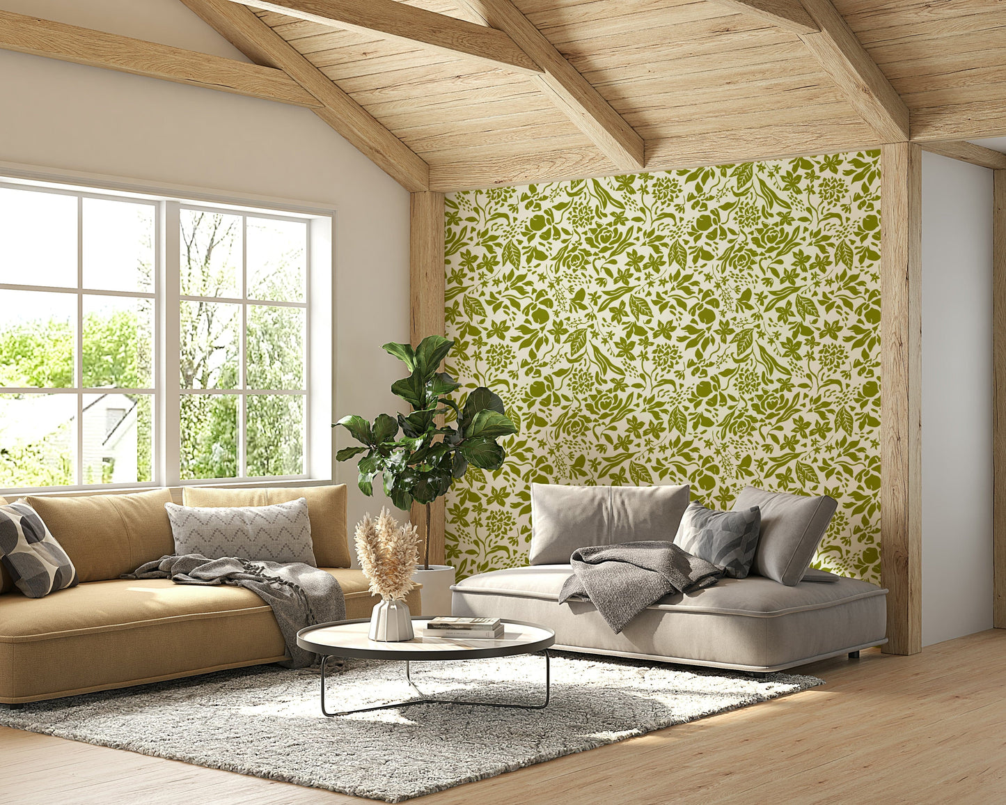 Organic olive bloom wallpaper featuring stylized petals.
