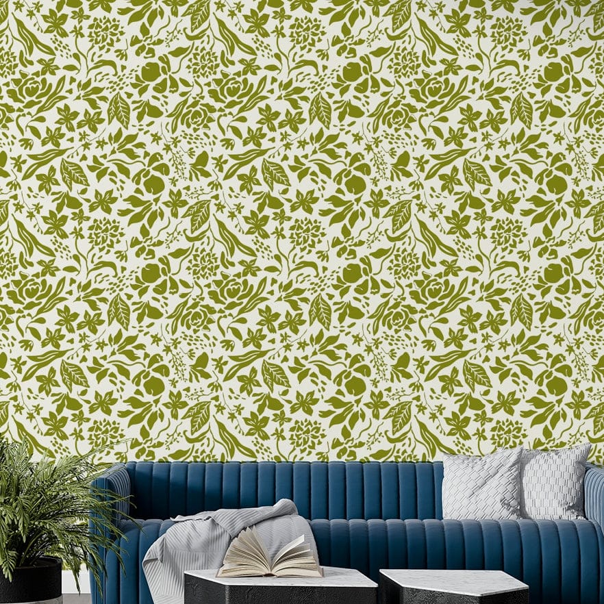 Whimsical green garden wallpaper with simple floral forms.
