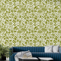 Whimsical green garden wallpaper with simple floral forms.
