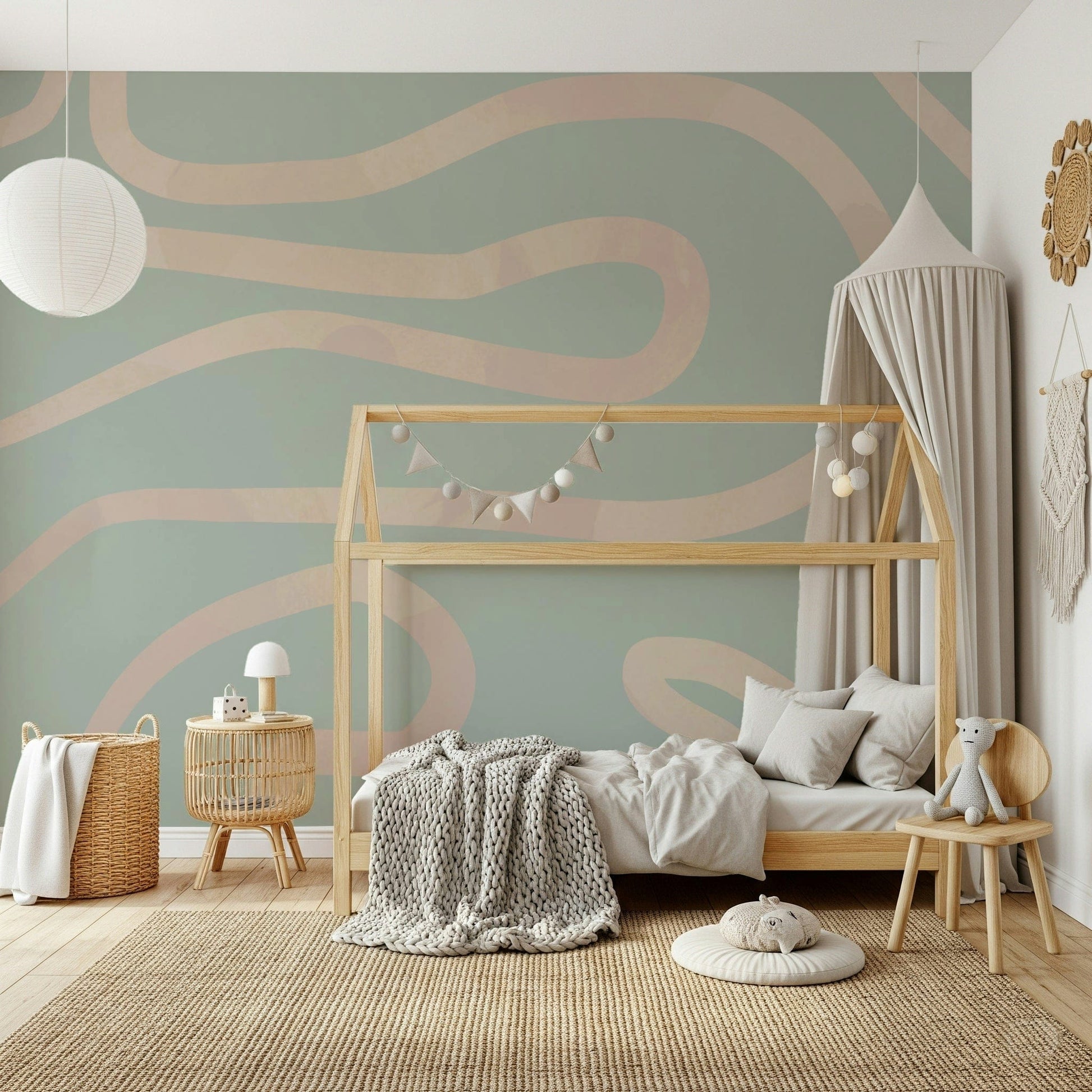 Muted green abstract peel and stick continuous curvy design.