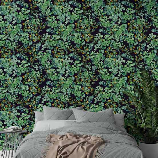 An angled shot of a wall with peaceful wallpaper


