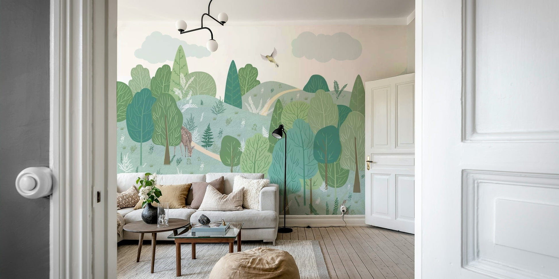 The colors are soft and gentle, with pale greens, browns, and dark shades.

