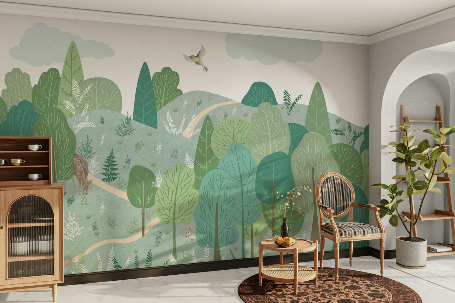 The design features various types of green foliage and trees.

