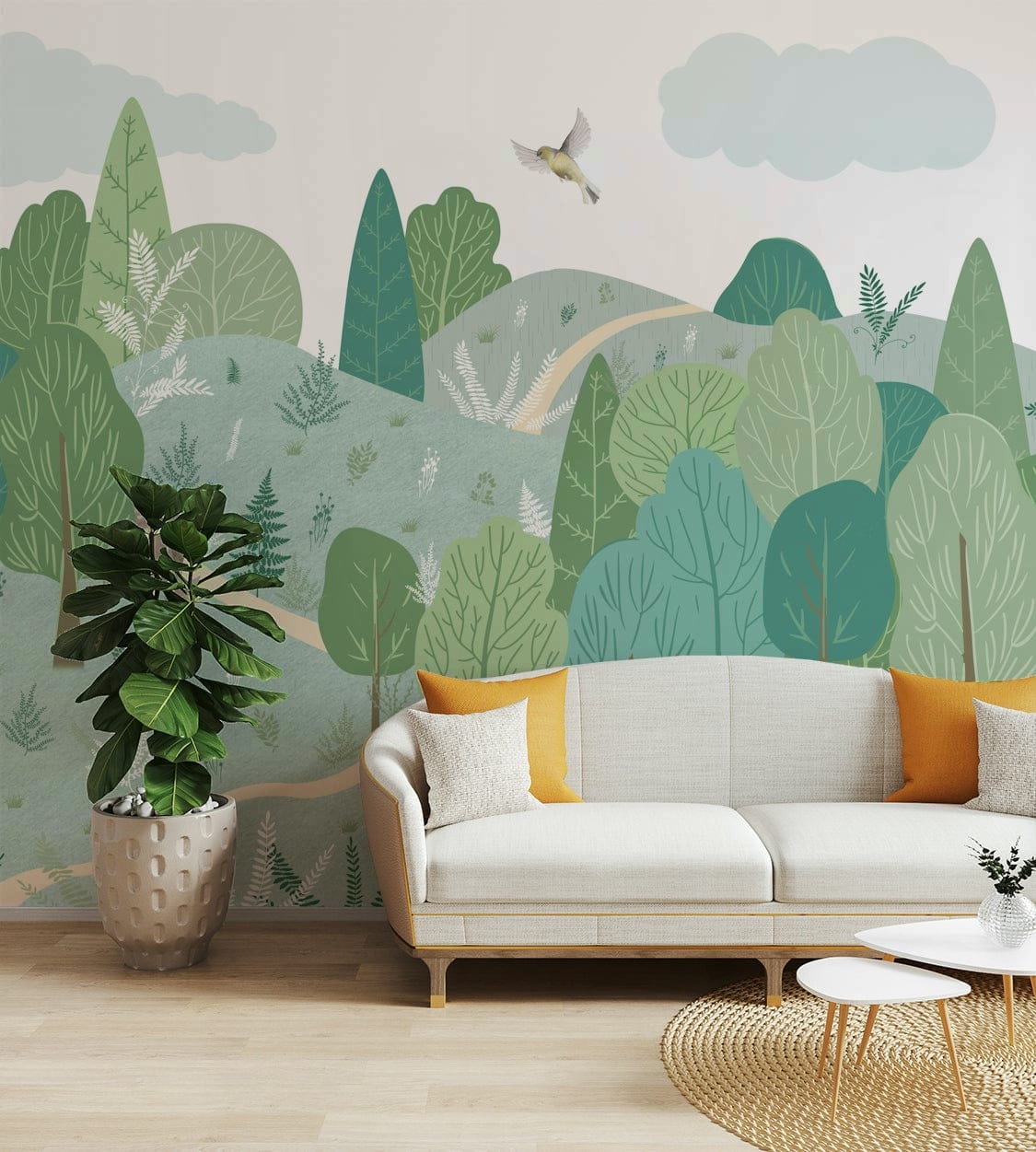 A peaceful wall mural with a tranquil forest clearing scene.

