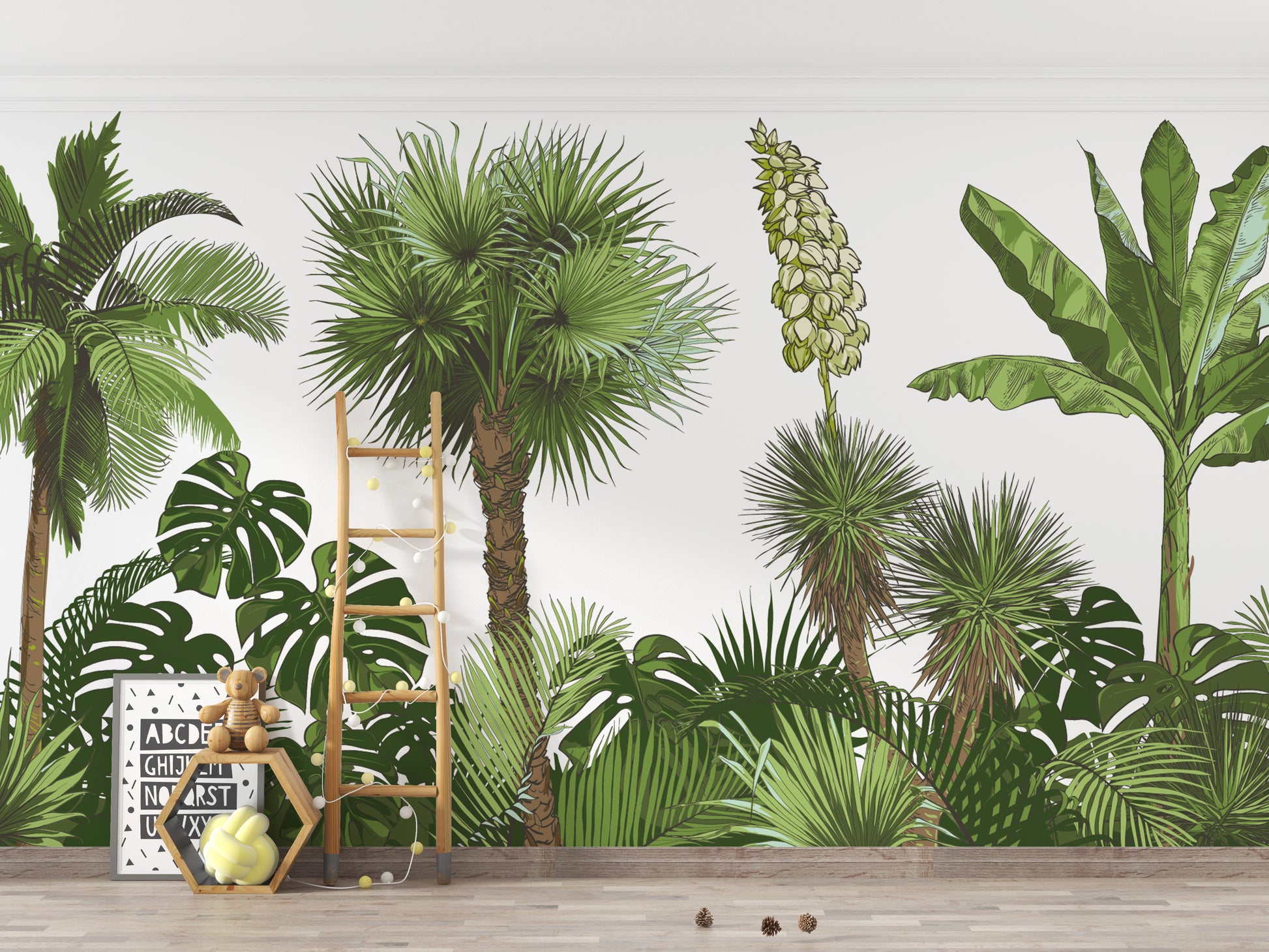 Green forest mural featuring palm trees
