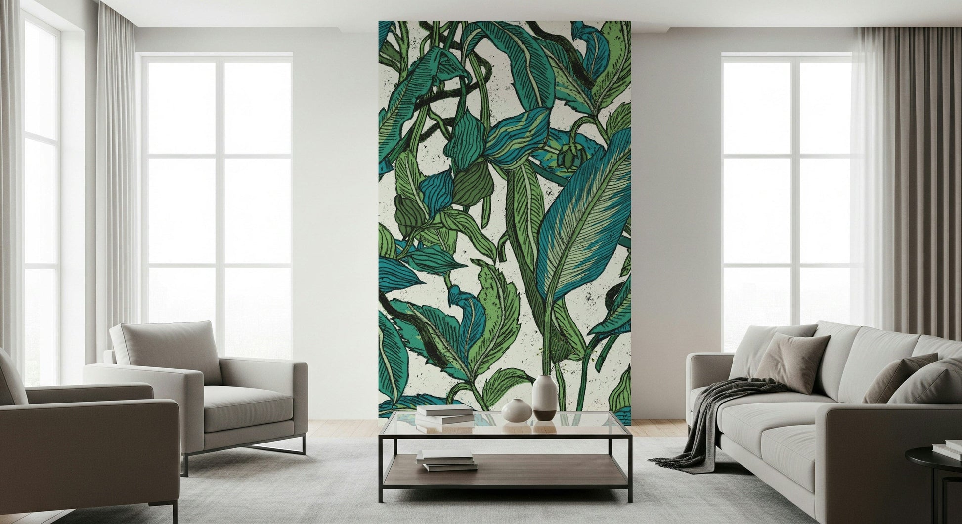 A calming foliage design wallpaper mural that defines a space.