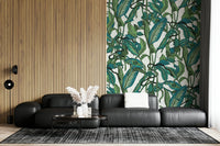 An artistic vibrant foliage mural on minimalist wallpaper.