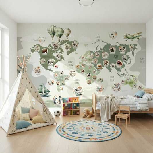 Green Globetrotter's World Map Wall Mural behind desk.