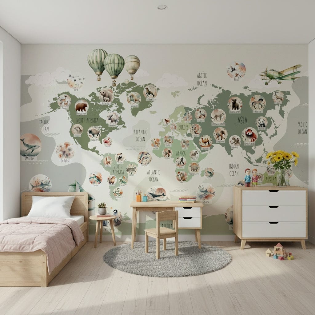 Kids bedroom world map wall mural in green shades, learning-friendly wall decor for a study corner