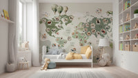 Large green world map mural in apartment entryway, travel-inspired feature wall with modern style