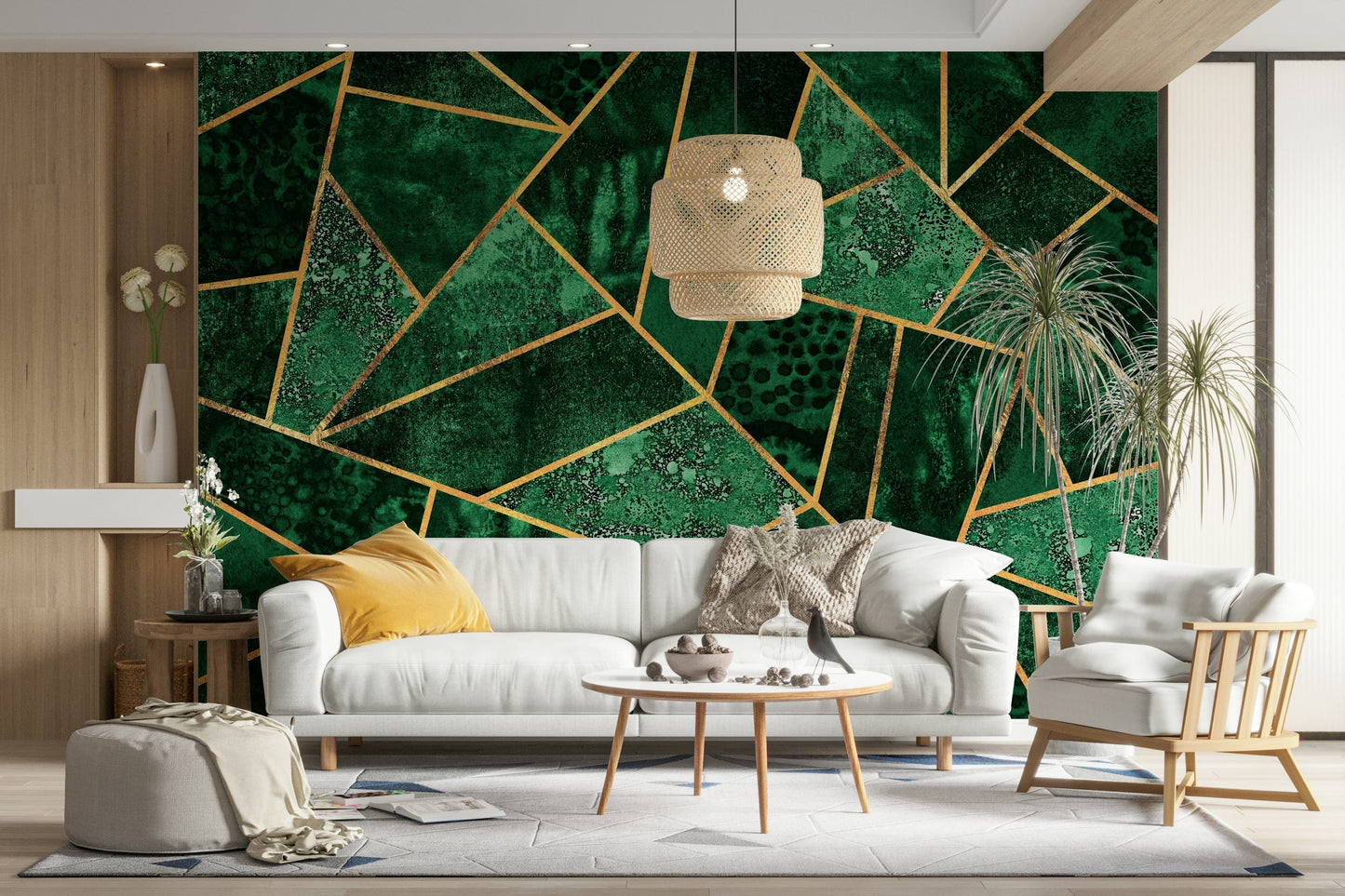 A beautiful modern art wall mural of gold shapes.

