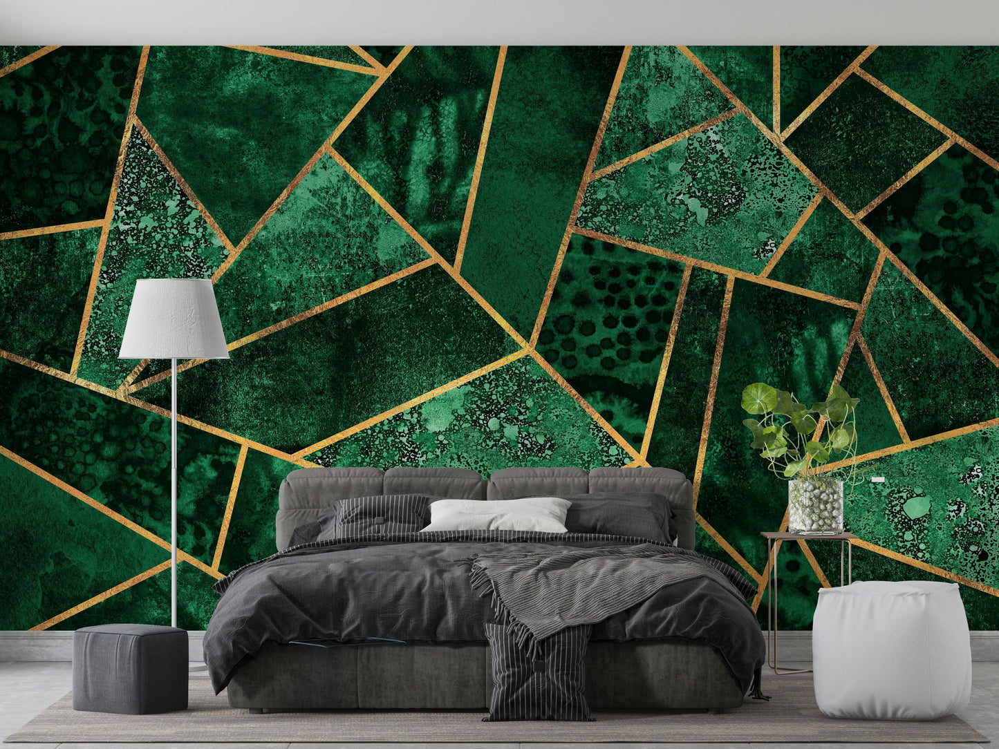 An artistic green geometric mural on luxury wallpaper.

