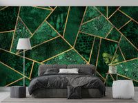 An artistic green geometric mural on luxury wallpaper.

