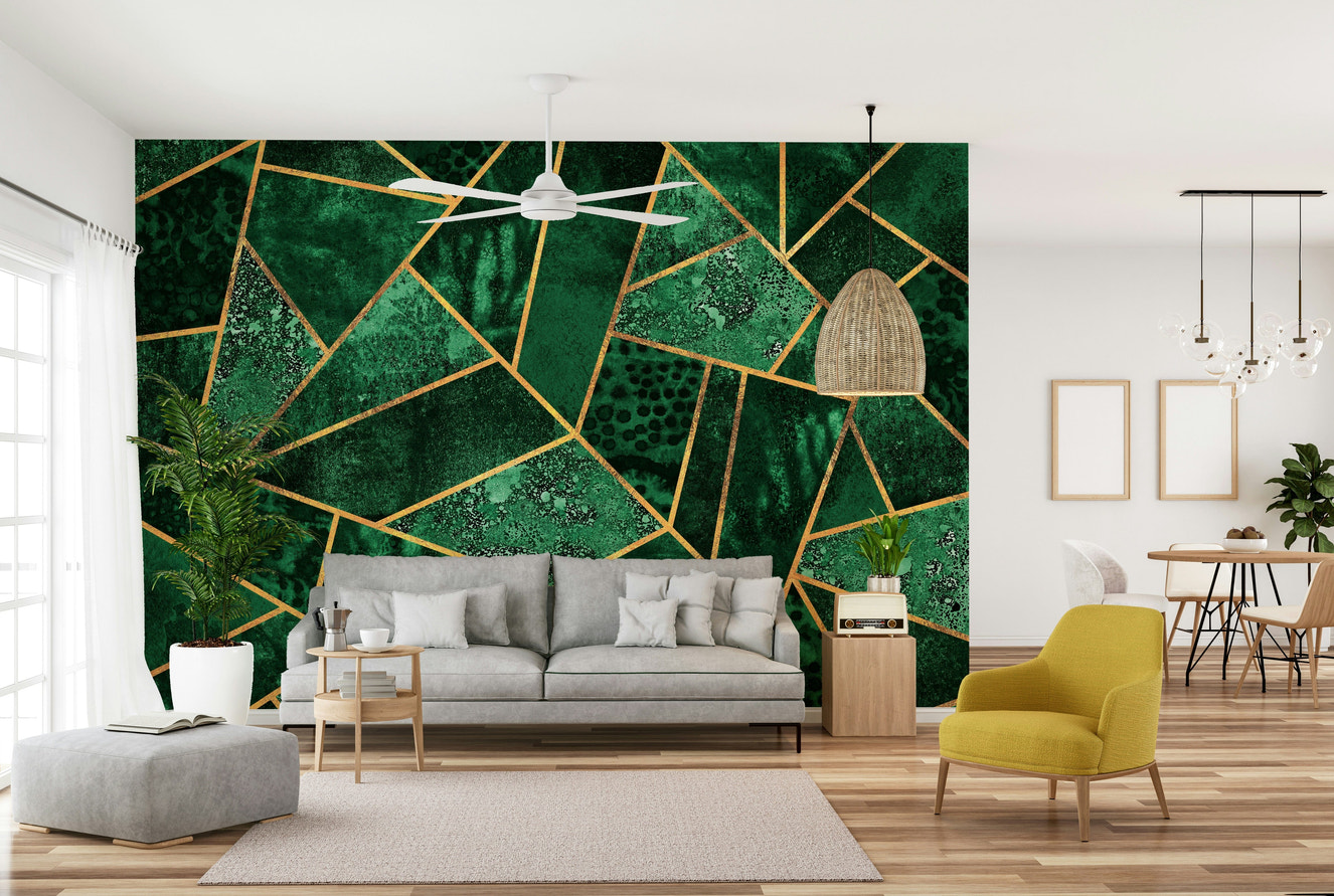 A beautiful geometric wallpaper mural in gilded green.

