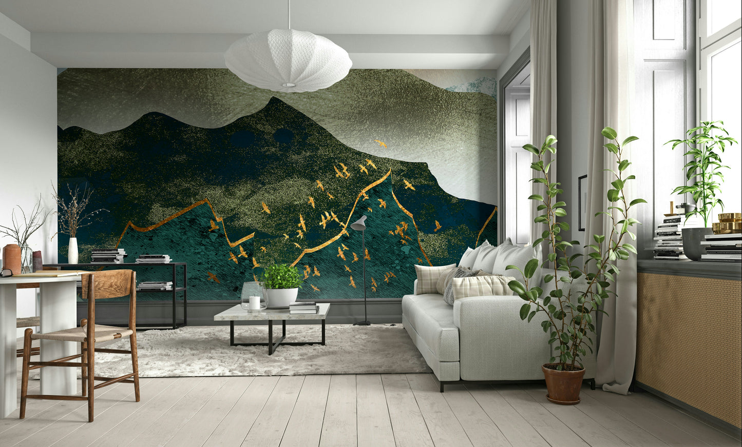 Green Golden Mountains Sunset Wallpaper – Eco-Friendly Wall Option