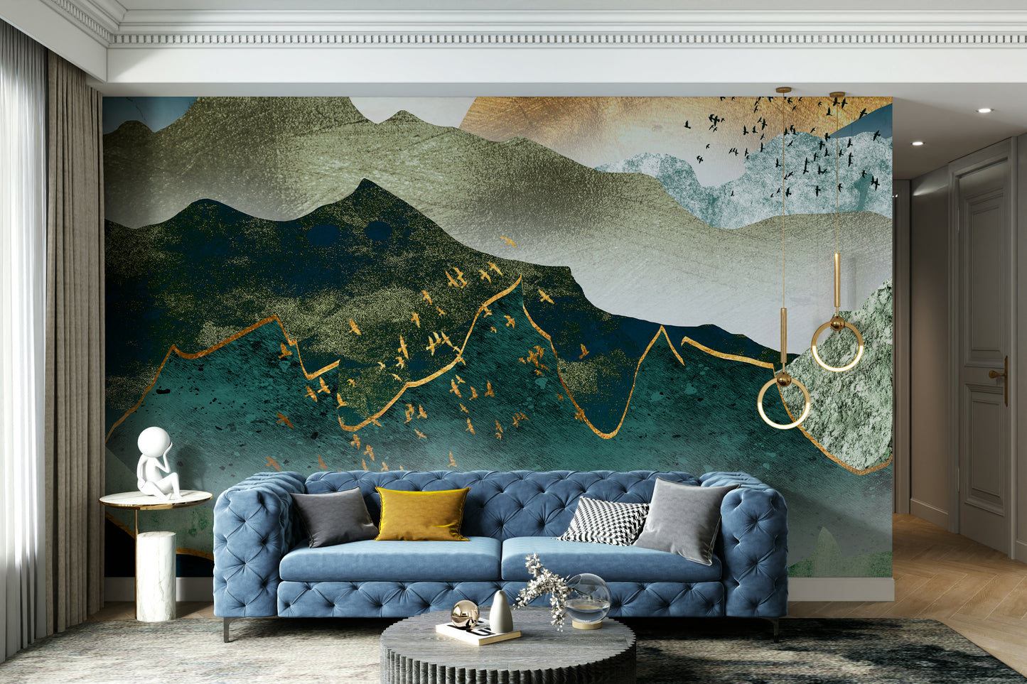 Green Golden Mountains Sunset Wallpaper – Removable Wall Covering