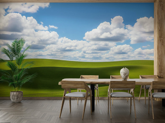 A minimalist interior with the dreamy wallpaper.