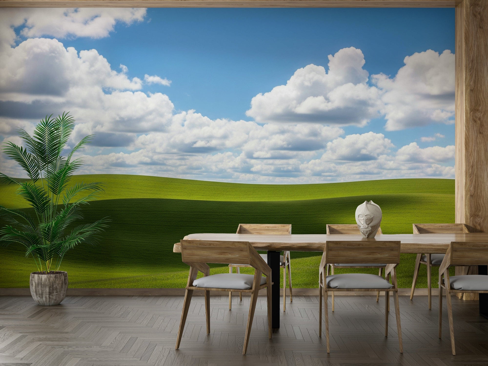 A minimalist interior with the dreamy wallpaper.