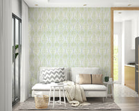 Stylish green leaf damask wallpaper for living room walls

