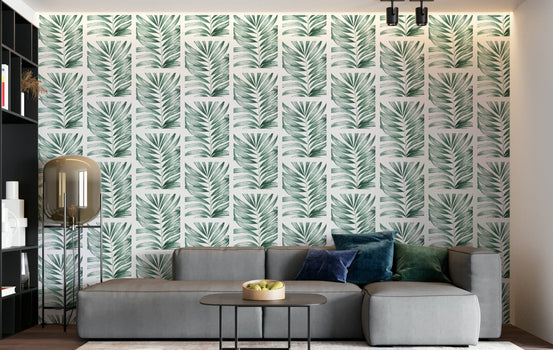 Leafy Grid Wall Mural featuring soft sage wisteria botanical wallpaper mural.