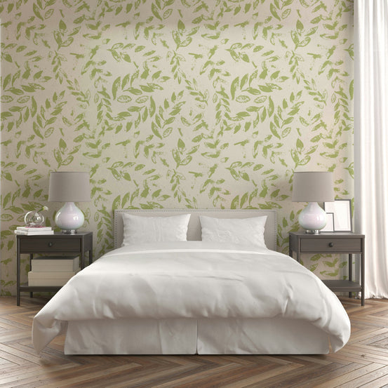 The mural is created for an entire wall, providing a gentle backdrop.
