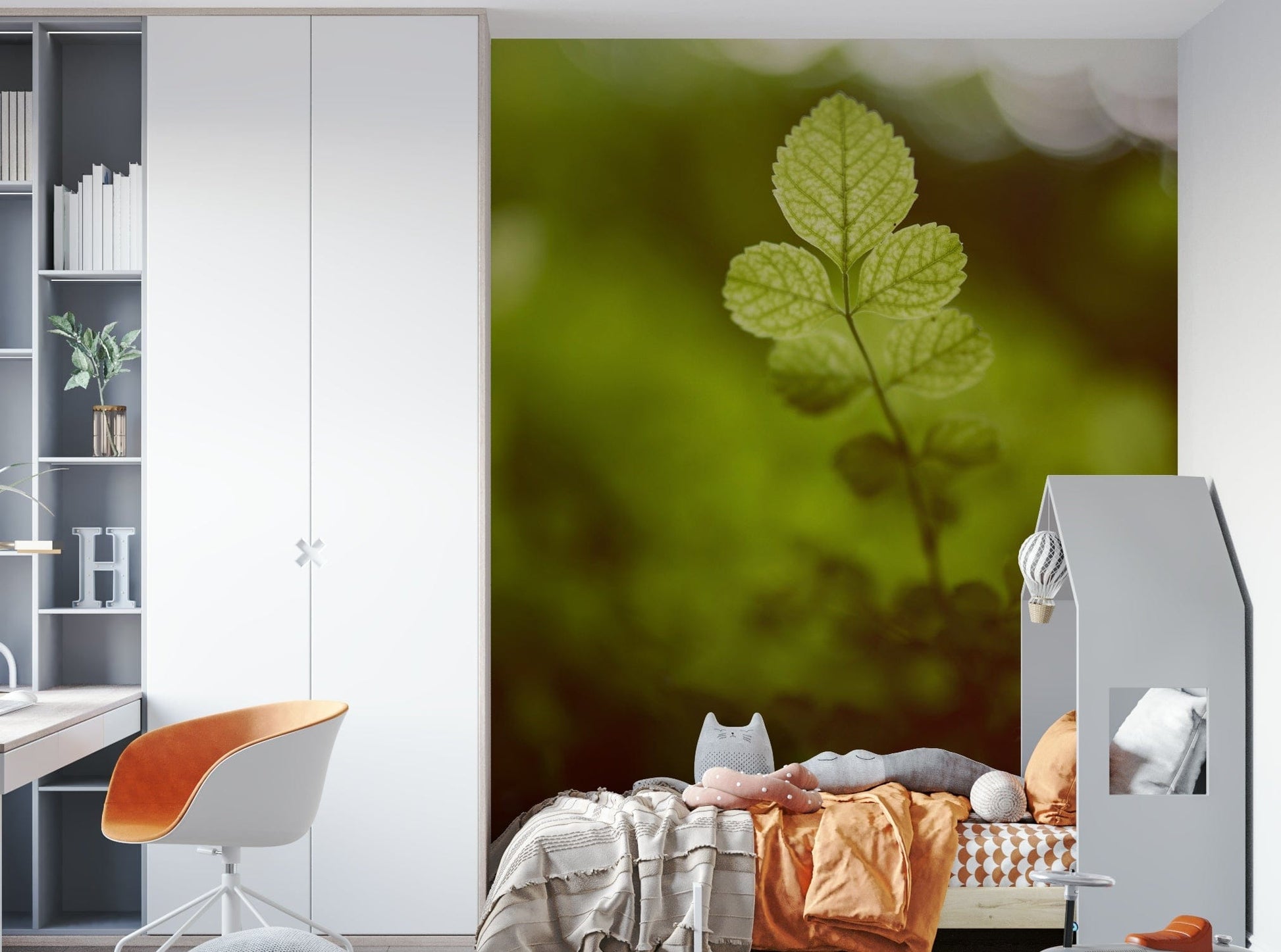 A contemplative green leaf wallpaper mural for a feature wall.

