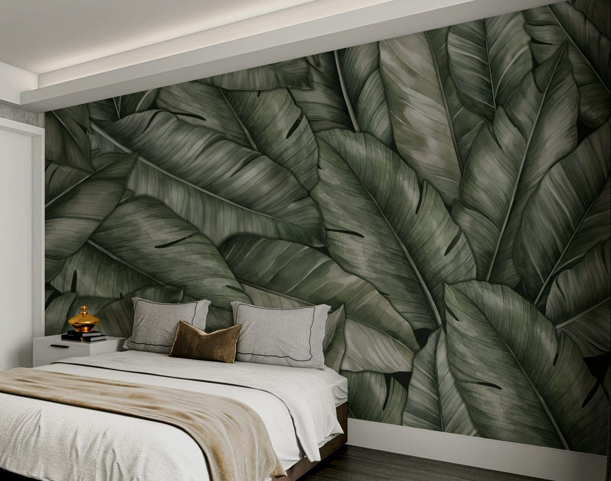 A peaceful wall mural with a tranquil scene of lush leaves.

