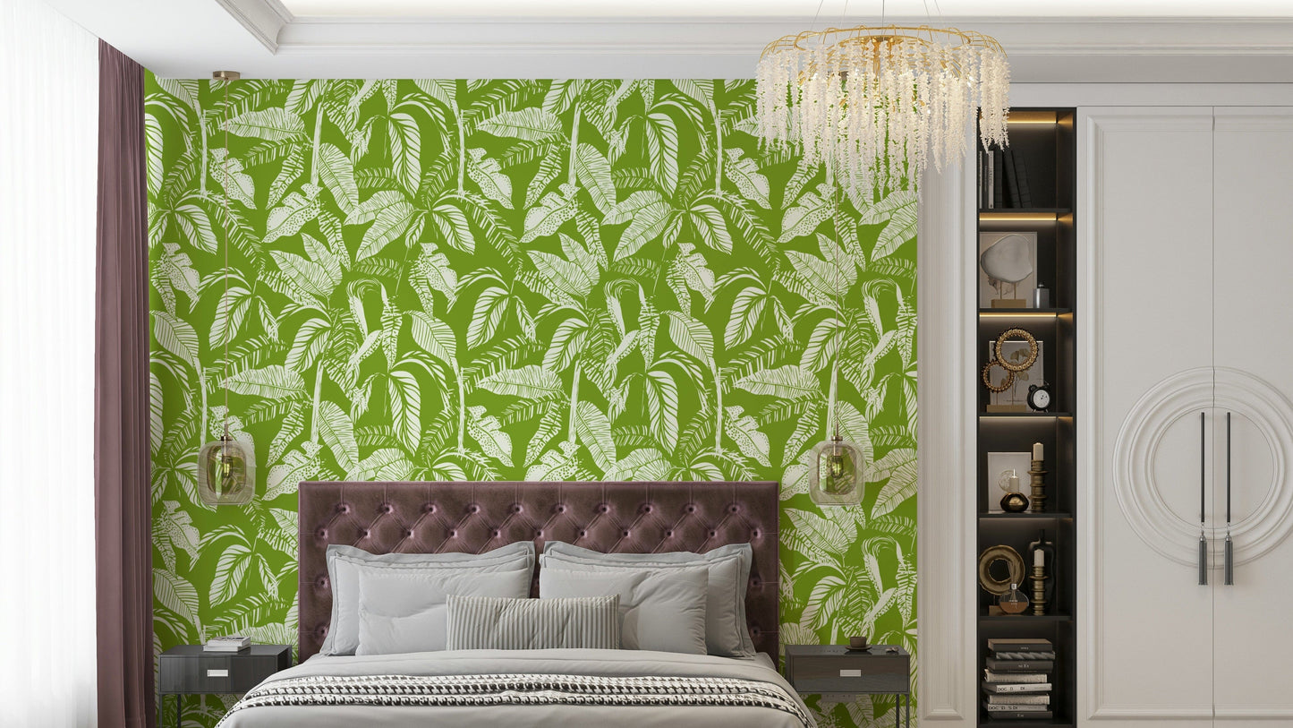 White tropical foliage wallpaper on a moss green backdrop.
