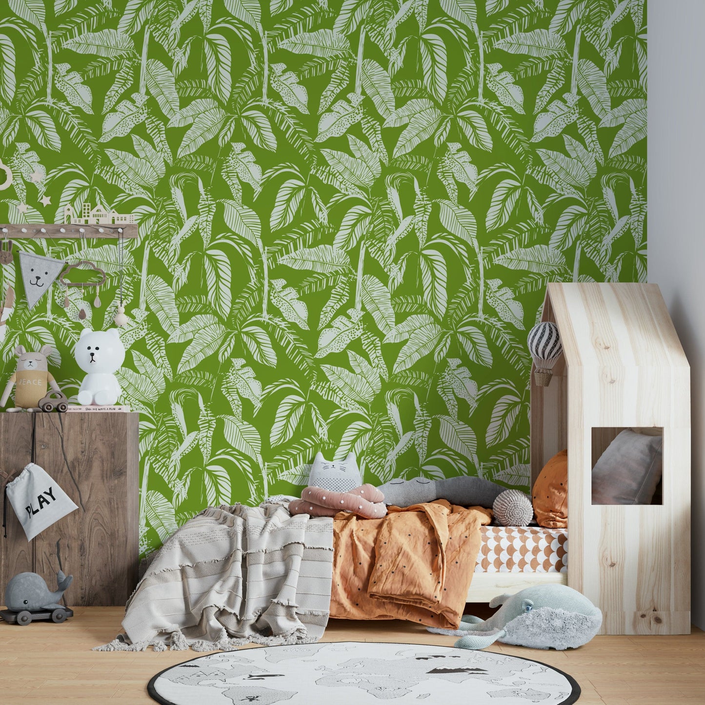 Textured ivory palm wallpaper for a fresh tropical space.
